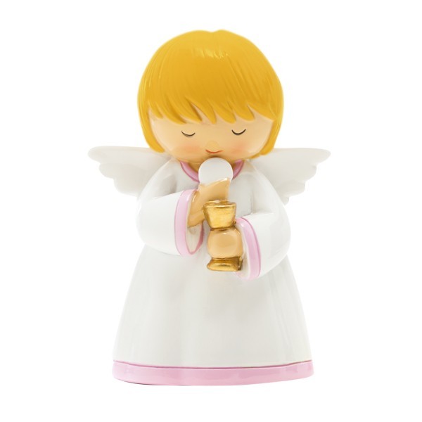 Comunhão menina c calice Figura decorativa de anjo com vestido branco e asas, segurando hóstia e cálice dourado