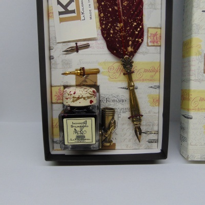 Conjunto de tinteiro com pena vermelha e bicos metálicos