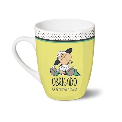 Caneca de cerâmica amarela com ovelha desenhada e texto de agradecimento