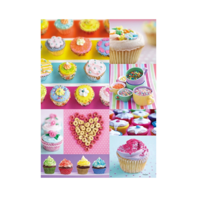 Collage de cupcakes coloridos com coberturas decorativas em várias cores e cereais em forma de coração