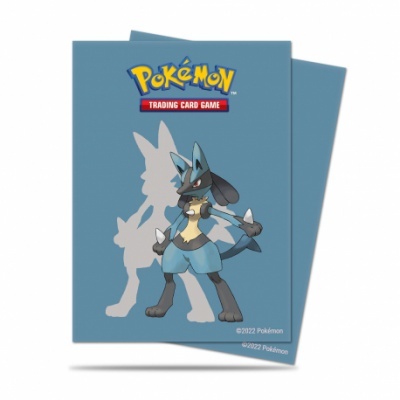 Capas azuis para cartas Pokémon com imagem do Pokémon Lucario e logo do jogo