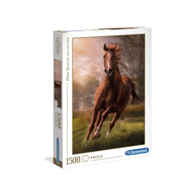 Caixa de puzzle de 1500 peças com imagem de cavalo a correr numa paisagem natural