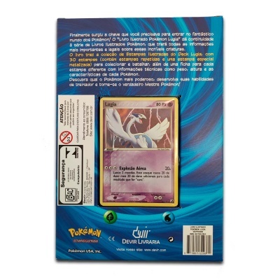 Pacote de cartas de Pokémon com carta visível de Lugia e texto em português num fundo azul