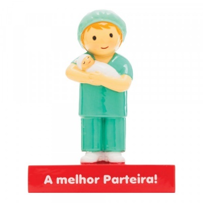 Figura decorativa de parteira a segurar bebé com base vermelha