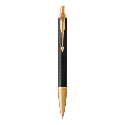 Caneta esferográfica preta e dourada com clip em forma de seta