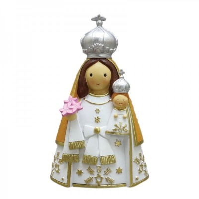 Figura decorativa religiosa mãe e criança com coroas prata e vestes brancas com dourado