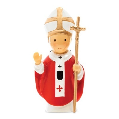 Estatueta de figura religiosa com manto vermelho e branco e mitra branca