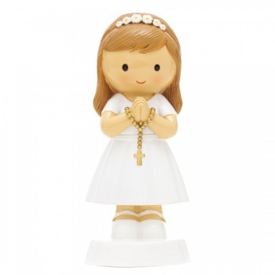 Boneca decorativa de comunhão com vestido branco e terço