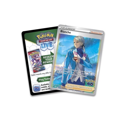 Duas cartas do jogo Pokémon, uma holográfica com personagem Blanche e outra com texto promocional.