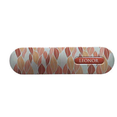 Lixa para unhas com padrão de folhas e rótulo LEONOR