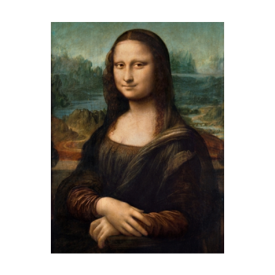 Pintura clássica Mona Lisa com mulher de vestido marrom e fundo paisagístico