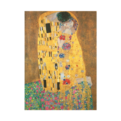 Reprodução da pintura 'O Beijo' de Gustav Klimt com casal abraçado em vestes douradas e fundo floral.