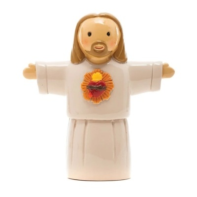 Estatueta de Jesus Cristo em cerâmica com túnica branca e coração sagrado no peito