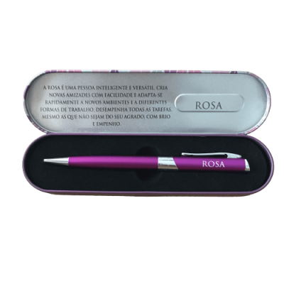 Caneta roxa com estojo metálico e texto em português