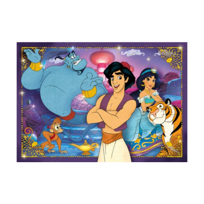 Ilustração dos personagens do filme Aladdin com fundo de fantasia