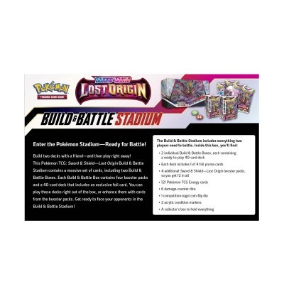 Caixa do Pokémon Build and Battle Stadium com cartas e texto em inglês