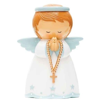 Figura decorativa de anjo de cerâmica com vestido branco e terço dourado