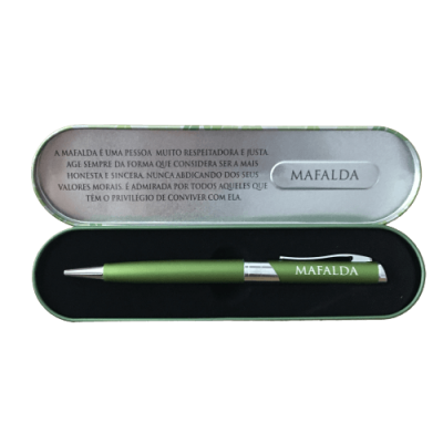 Estojo metálico verde com caneta verde personalizada e dedicatória na tampa