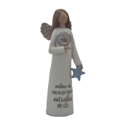 Estatueta decorativa de anjo com vestido branco e asas segurando coração e estrela