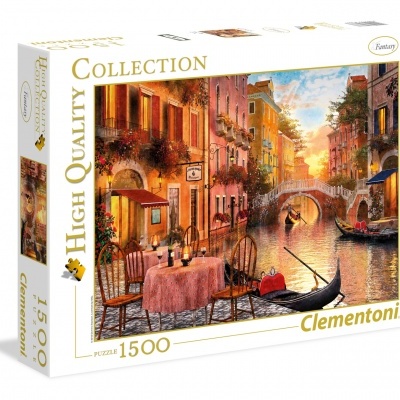 Caixa de puzzle Clementoni com imagem de cidade com canal e gondoleiros ao pôr do sol