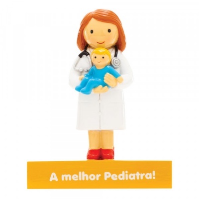 Figura decorativa de pediatra com bebé e suporte amarelo com texto