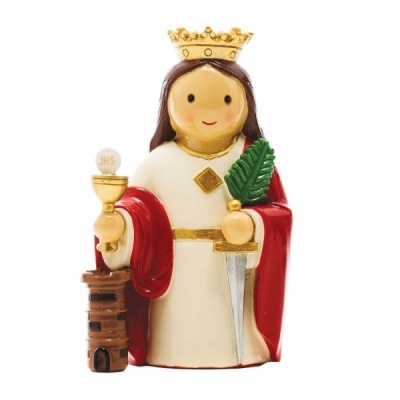 Estátua de santo com túnica branca e capa vermelha, coroada, segurando cálice, palma e espada