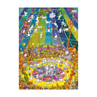 Ilustração colorida de Smurfs num circo a fazer acrobacias e animais ao redor