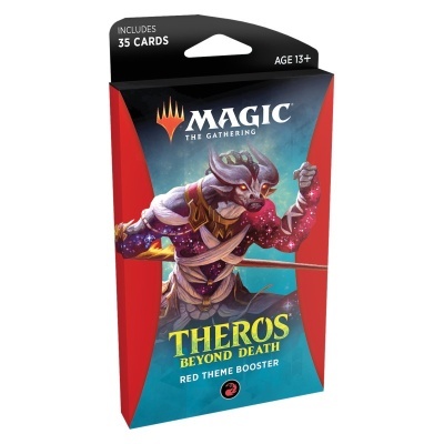 Embalagem Magic The Gathering Theros Beyond Death Red Theme Booster com imagem de personagem fantástico