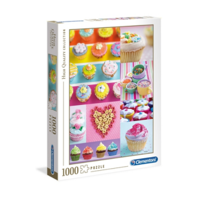 Caixa de puzzle de 1000 peças com imagens de cupcakes e confeitos coloridos