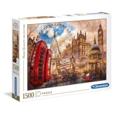 Caixa de puzzle com 1500 peças com imagem icónica de Londres e elementos emblemáticos em tons quentes.
