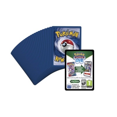 Cartas Pokémon com verso azul e cartão digital promocional