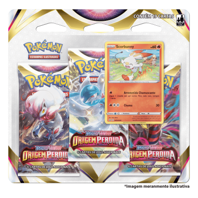 Conjunto de cartas de Pokémon com 3 pacotes da série 'Origem Perdida' e carta destacada de Scorbunny