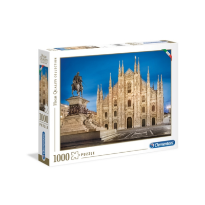 Caixa de quebra-cabeças de 1000 peças da Clementoni com imagem da catedral de Milão à noite.