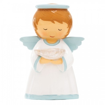 Figura de anjo decorativo em cerâmica com vestido branco e detalhes azuis