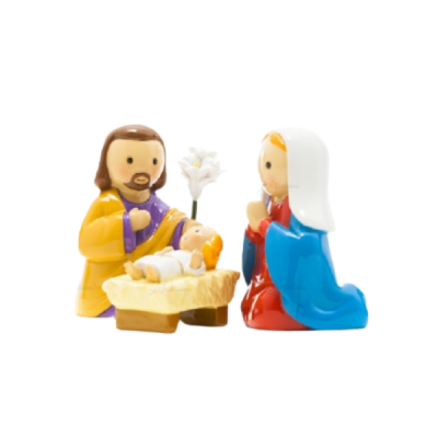 Figuras natalícias da Sagrada Família em plástico colorido