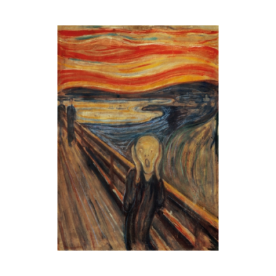 Pintura expressionista 'O Grito' de Edvard Munch com figura central angustiada em tons laranja e azul