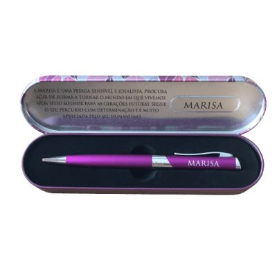 Conjunto de caneta roxa metálica com estojo decorativo com texto em português