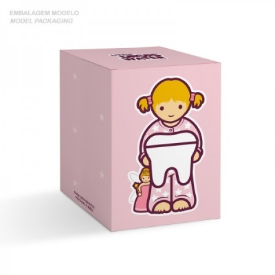 Caixa rosa com desenho de menina e dente