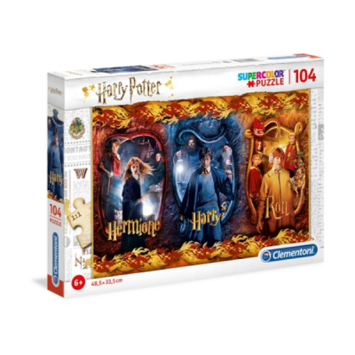 Caixa de puzzle Harry Potter com imagem dos personagens Hermione, Harry e Ron