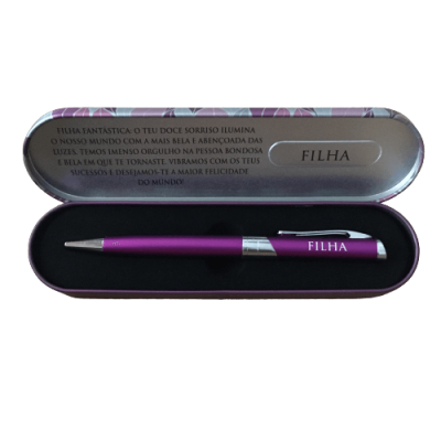 Conjunto de caneta roxa com caixa metálica prateada e mensagem em português