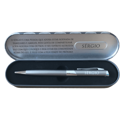 Conjunto de caneta prateada com estojo cinza escuro e texto personalizado para Sérgio