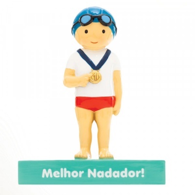 Figura decorativa nadador com touca azul, fato de banho vermelho e base verde