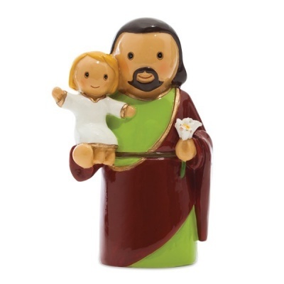 Estatueta cerâmica São José com Menino Jesus em túnicas verde, castanho e branca