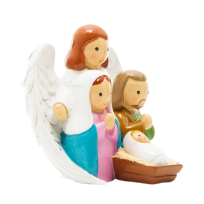 Figurine do presépio colorida com anjo e família e bebé no berço.