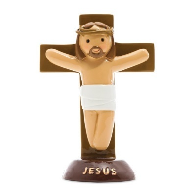 Figurinha decorativa de Jesus na cruz com base marrom e nome JESUS