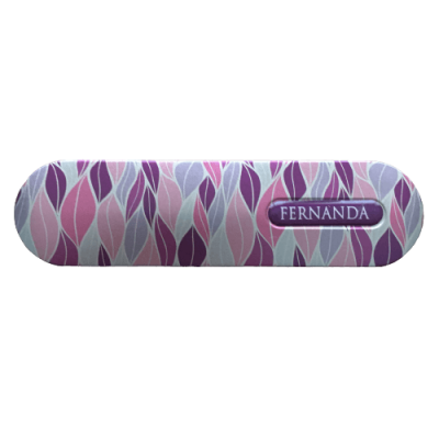 Estojo de óculos com padrão ondulado rosa e roxo e etiqueta FERNANDA