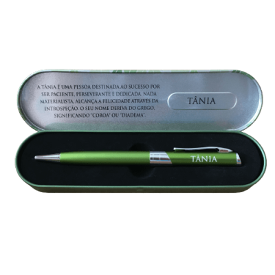 Conjunto caneta verde Tânia em estojo metálico prateado com texto explicativo