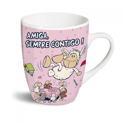 Caneca rosa e branca com ovelhas e texto AMIGA, SEMPRE CONTIGO !