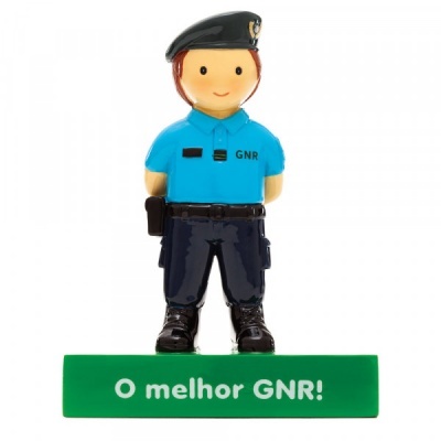 Figura decorativa de polícia GNR em uniforme azul e base verde com texto