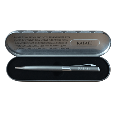 Conjunto de caneta preta e caixa metálica com mensagem e nome Rafael